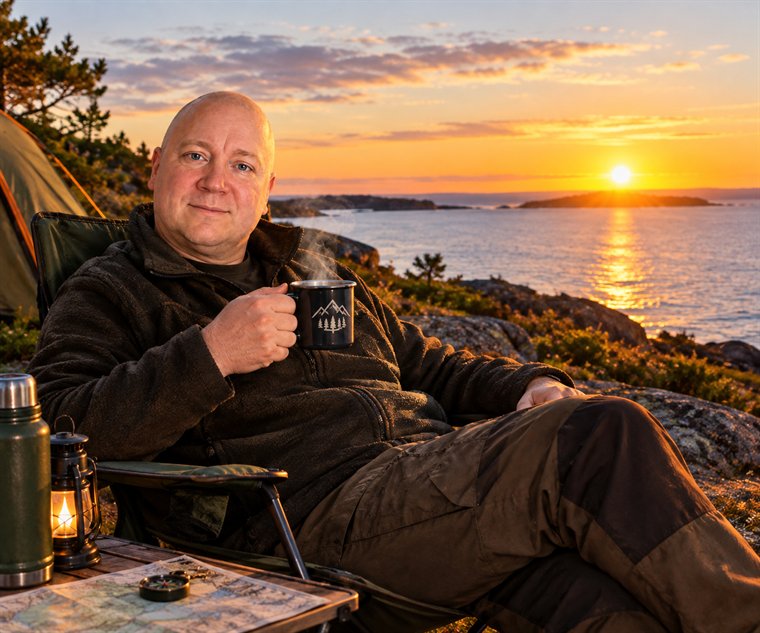 Bjarne with a cup of coffee by a tent on the rocks, with the sun setting over the sea