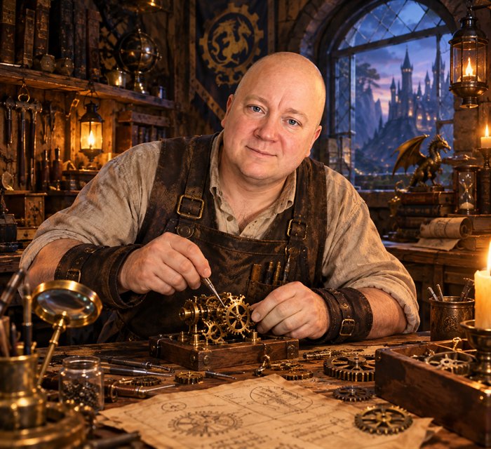 Illustration of Bjarne building a clockwork mechanism in a workshop