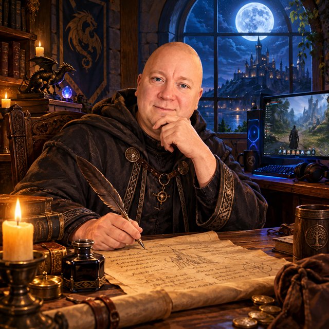 Illustration of Bjarne writing with a quill by candlelight